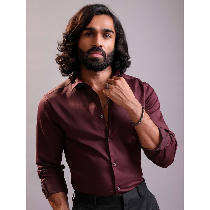 LOCOMOTIVE Luxe Men Maroon Satin Solid Party Shirt (M)