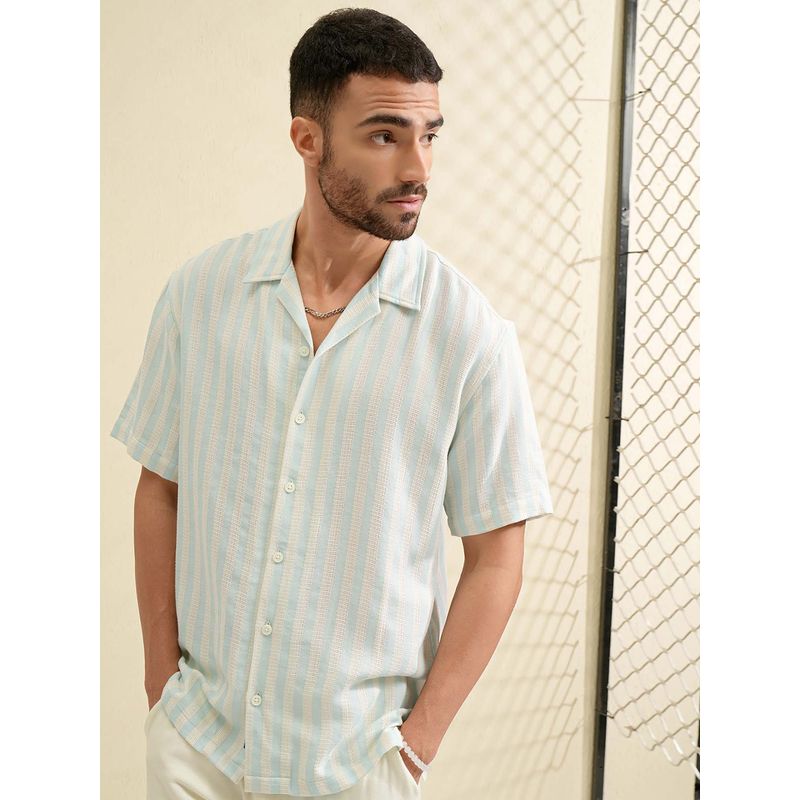 LOCOMOTIVE Men Blue Cuban Collar Relaxed Fit Shirt (L)