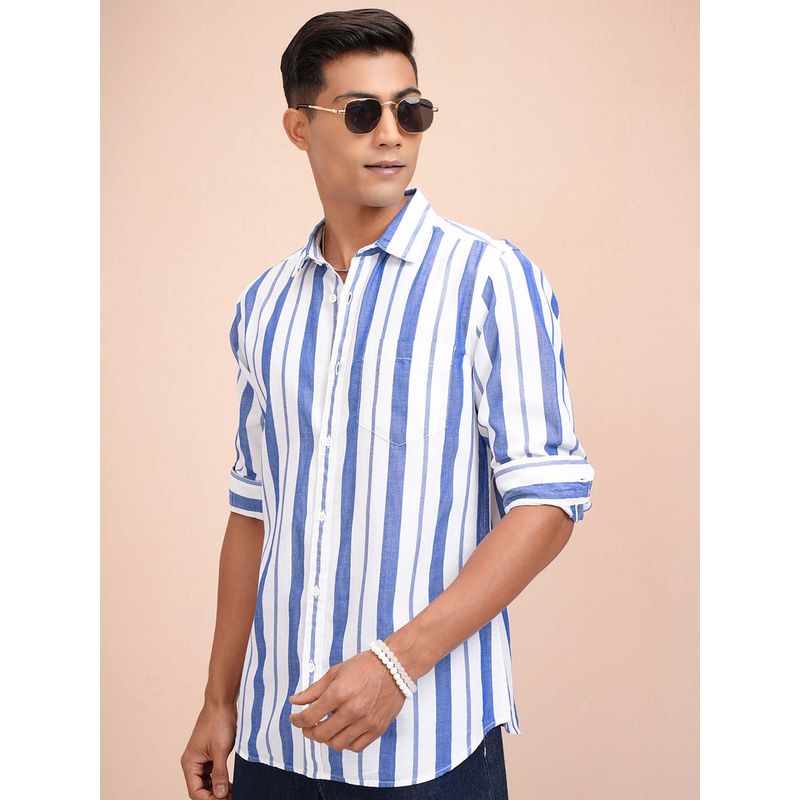 LOCOMOTIVE Men White Striped Casual Shirt (L)