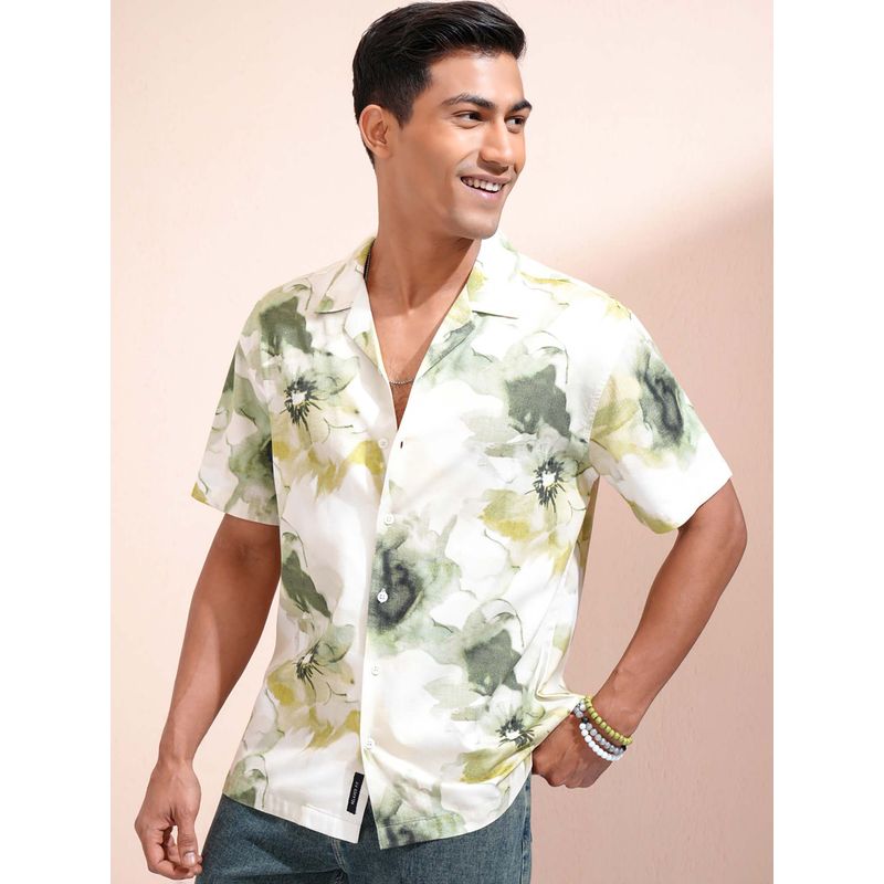 LOCOMOTIVE Men White Printed Cuban Collar Relaxed Fit Shirt (XL)