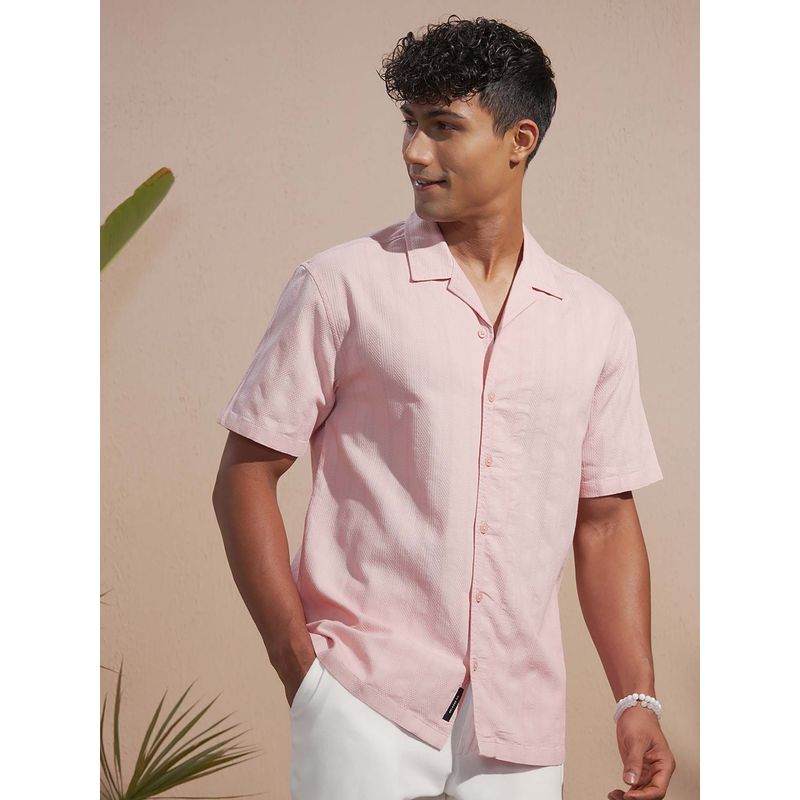 LOCOMOTIVE Men Pink Textured Cuban Collar Dobby Cotton Relaxed Fit Shirt (L)