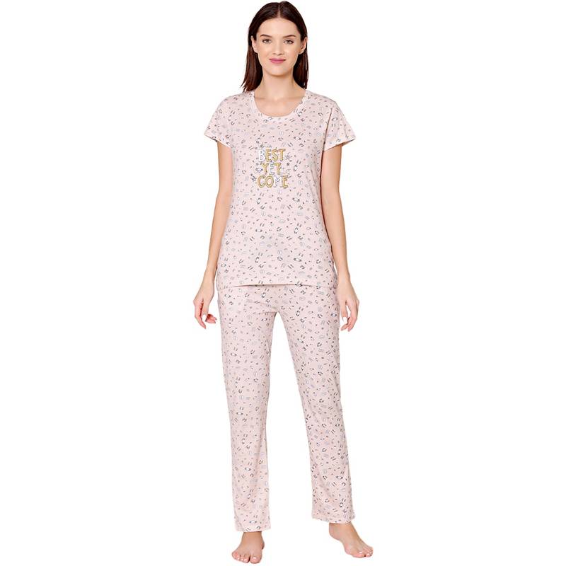 Bodycare Womens Combed Cotton Printed T-Shirt & Pyjama -BSLS12008 Beige (Set of 2) (M)