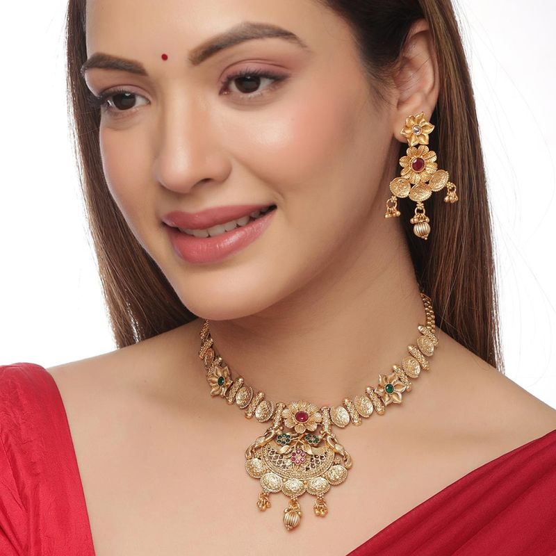 Buy VIRAASI Women Gold-Plated Red Stone Studded South Indian