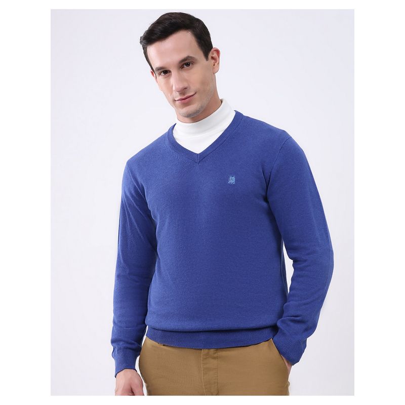 Monte Carlo Men V-Neck Full Sleeve Blue Sweater (M)
