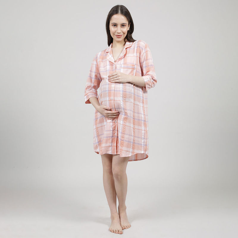 Mackly Womens Peach-White Checked Maternity Shirt Dress (L)