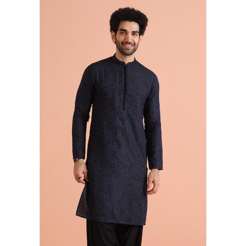 KISAH Mens Navy Blue Blended Ethnic Motifs Kurta (40)