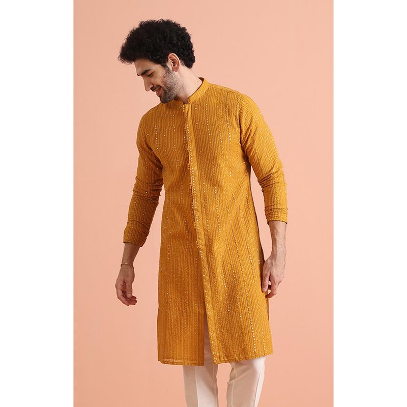 KISAH Mens Mustard Georgette Embroidered Kurta (42)