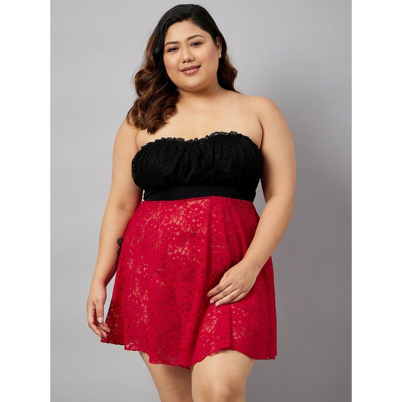 Secrets By ZeroKaata Women Plus Size Strapless Lace Baby Doll Lingerie (Set of 2)(L)