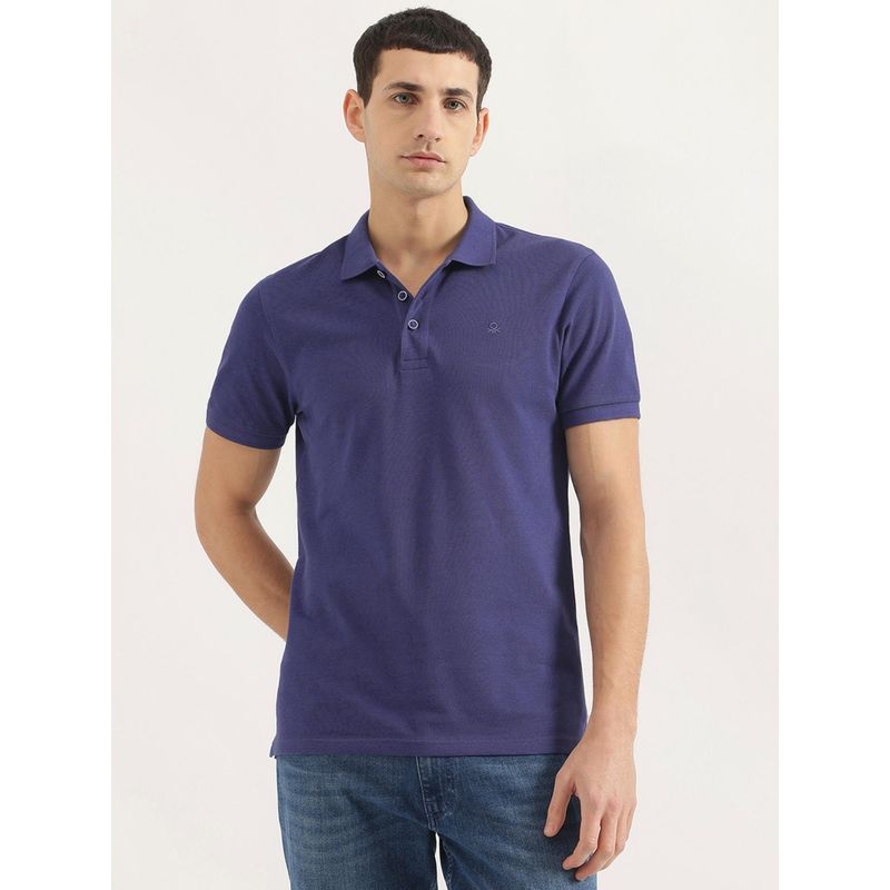 United Colors of Benetton Men Regular Fit Collar Neck Solid/Plain Blue Polo T-Shirt (XL)
