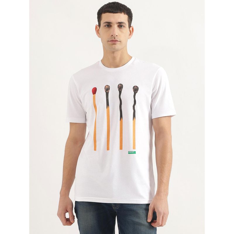 United Colors of Benetton Men Relaxed Fit Round Neck Graphic White T-Shirt (XL)