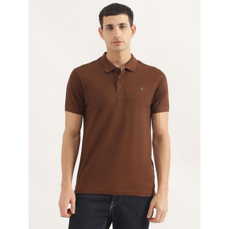 United Colors of Benetton Men Regular Fit Collar Neck Solid/Plain Brown Polo T-Shirt (M)