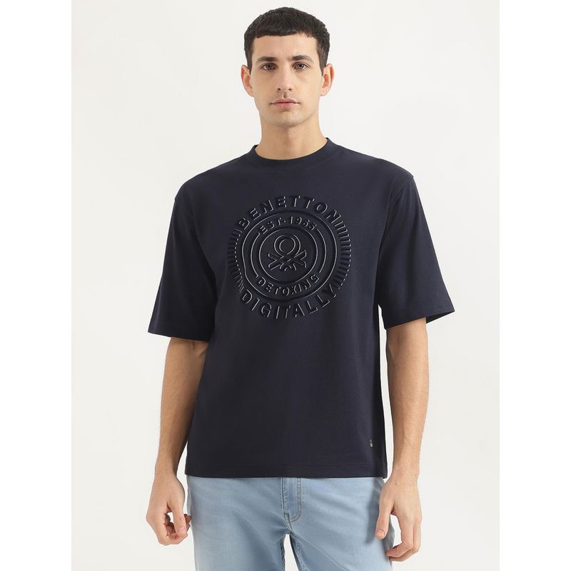 United Colors of Benetton Men Oversized Fit Round Neck Printed Blue T-Shirt (XL)