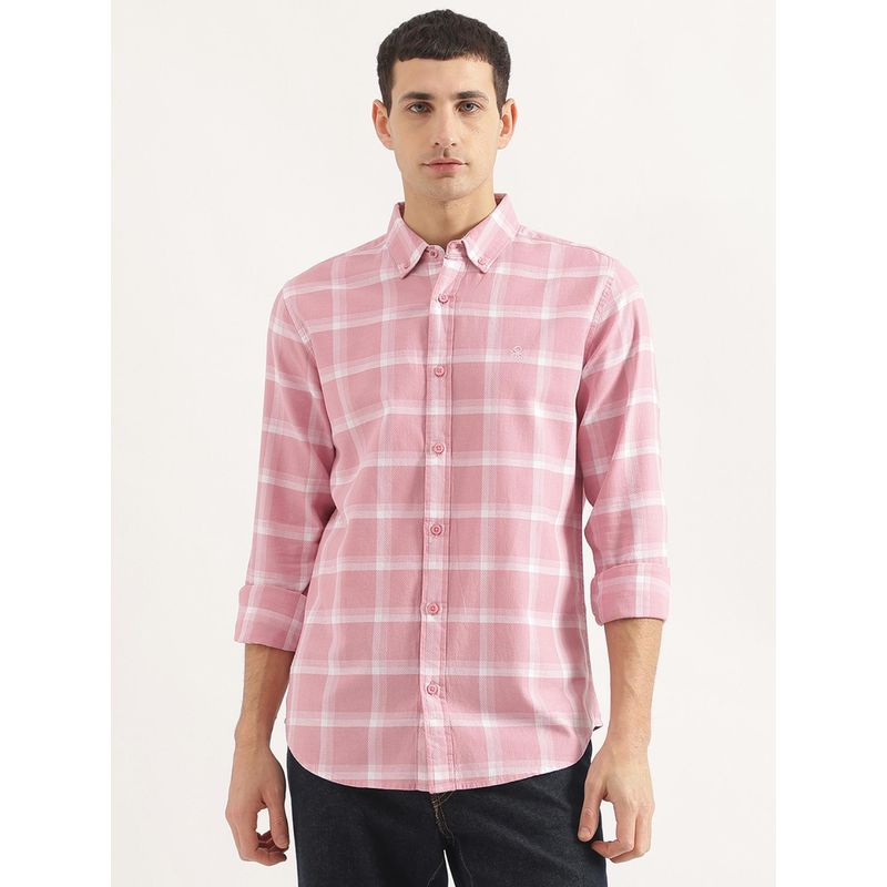 United Colors of Benetton Men Regular Fit Collar Neck Checks Pink Shirt (L)
