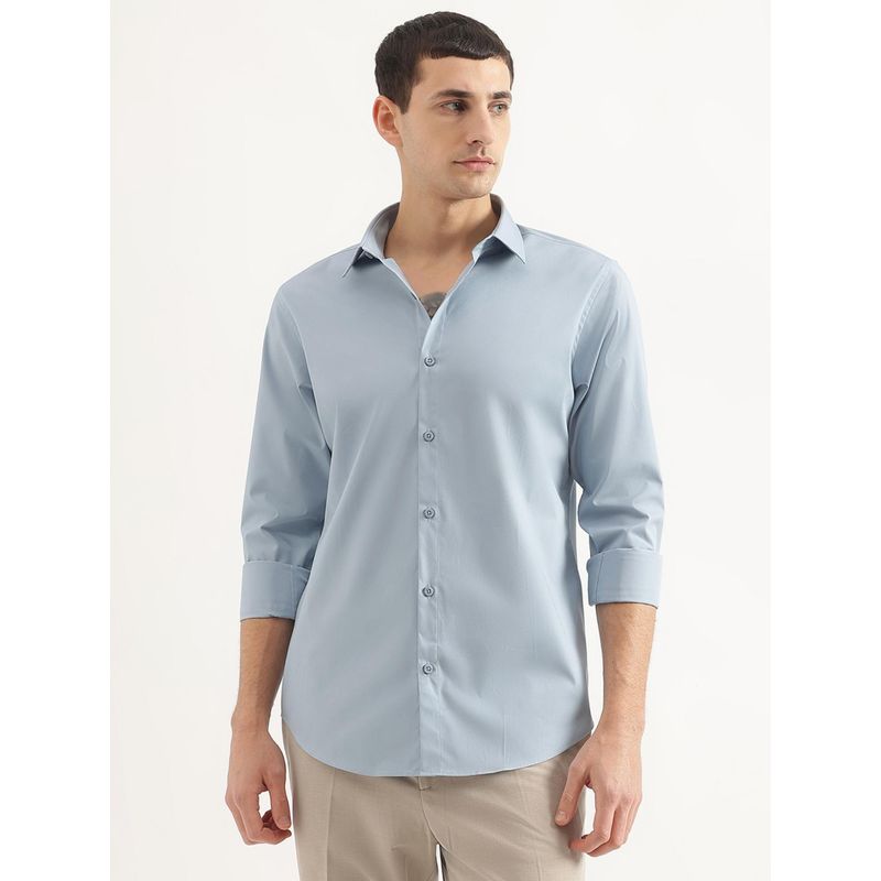 United Colors of Benetton Men Slim Fit Collar Neck Solid/Plain Blue Shirt (3XL)