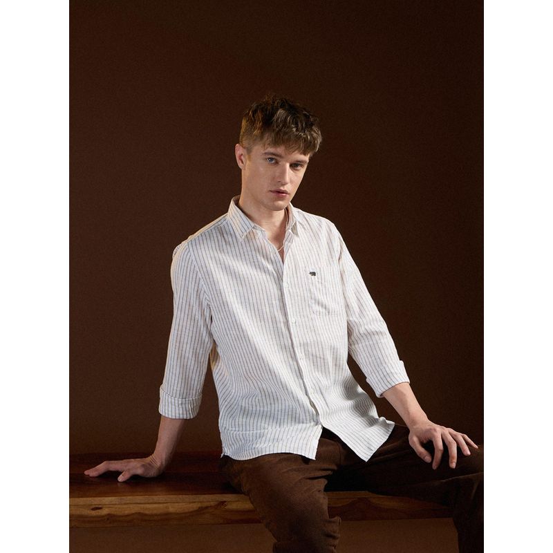 THE BEAR HOUSE Mens White Slim Fit Vertical Stripe Cotton Casual Shirt (L)