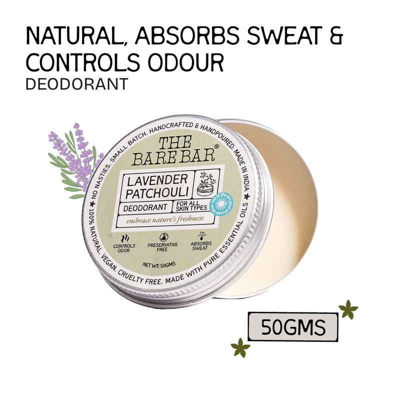 The Bare Bar Lavender Patchouli Deodorant Botanical Floral Deodorant, Skin-Safe Freshness