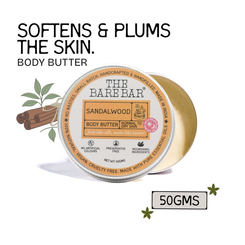 The Bare Bar Sandalwood Body Butter - Deep woody skin butter for soft, smooth skin
