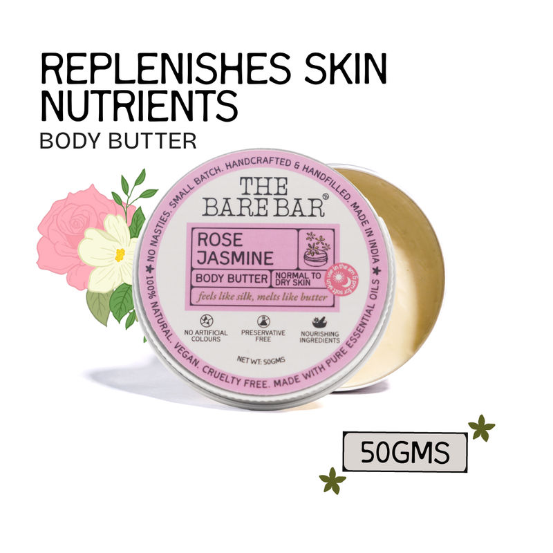 The Bare Bar Rose Jasmine Body Butter - Floral skin butter with Vitamin E and mango butter