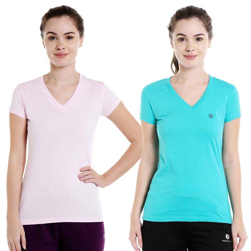 Bodyactive Multi Color T-shirt for Women - TS14-LTPISGRN-2PCS-S