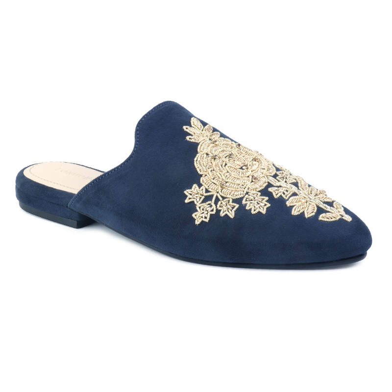 London Rag Navy Embroidered Patch Suede Mules - UK 4