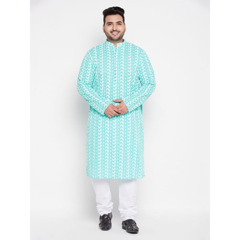 Vastramay Plus Men's Green And White Pure Cotton Kurta Pyjama (Set of 2) (46)