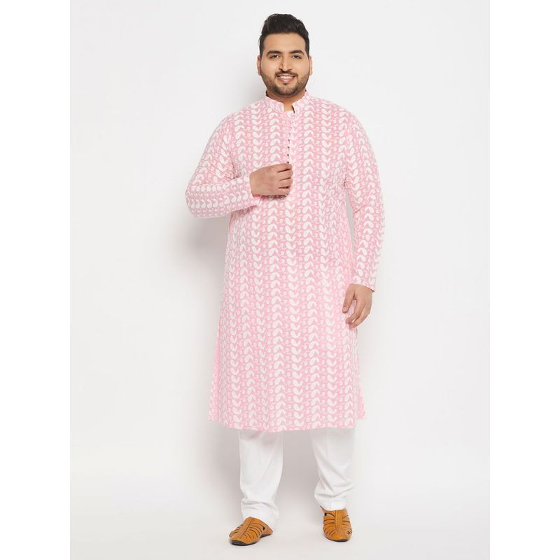Vastramay Plus Men's Pink And White Pure Cotton Kurta Pyjama (Set of 2) (46)