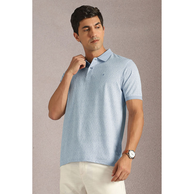 Louis Philippe Men Light Blue Self Design Polo Neck T-shirt (M)