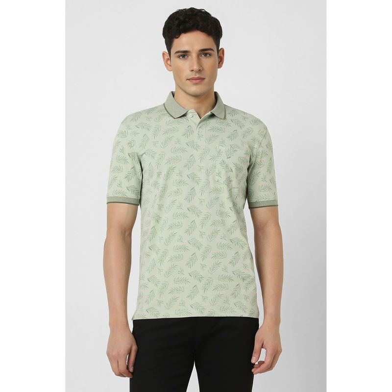 Peter England Men Green Print Polo Neck T-shirt (S)