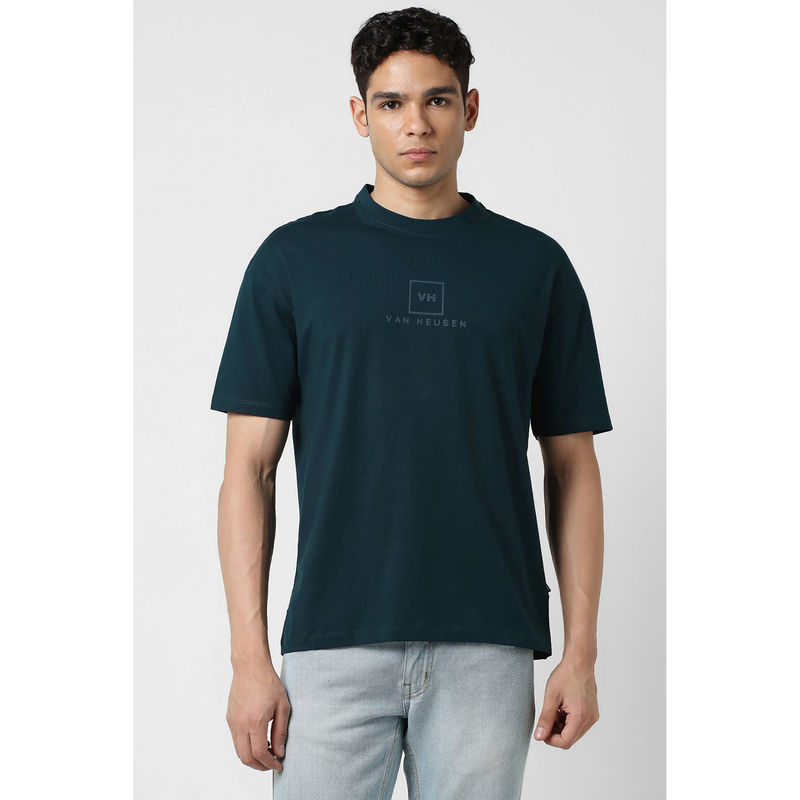 Van Heusen Men Teal Solid Crew Neck T-shirt (L)