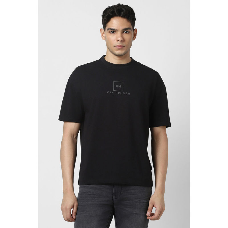 Van Heusen Men Black Solid Crew Neck T-shirt (XL)