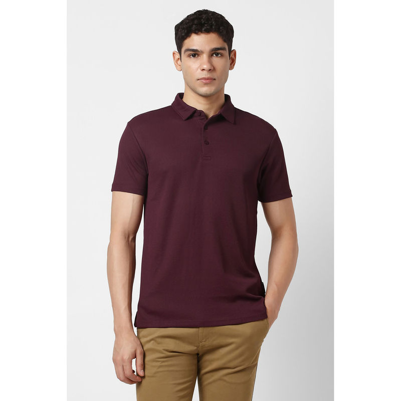 Van Heusen Men Maroon Textured Polo Neck T-shirt (M)