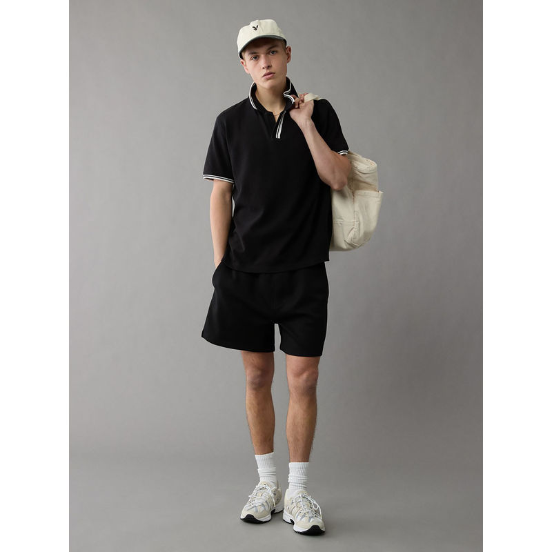 American Eagle Men Black Textured Mesh Polo T-shirt (S)