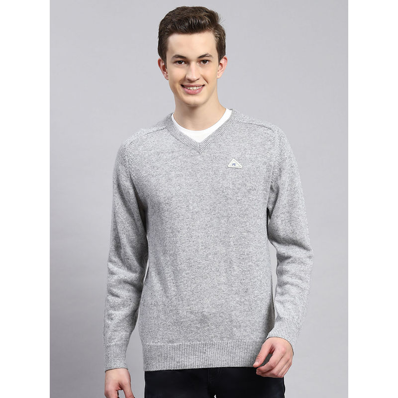 Monte Carlo Mens Solid Grey V-Neck Full Sleeves Sweater (2XL)