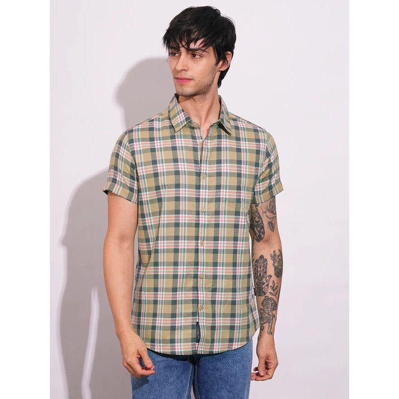 Khaki Slim Fit Regular Collar Men's Shirt by Being Human Clothing (S)