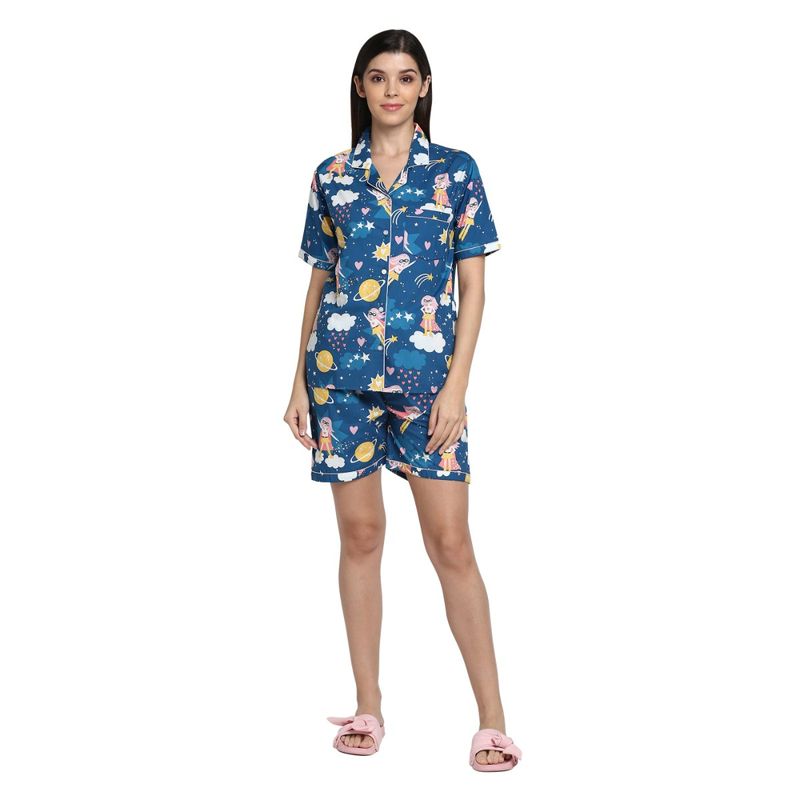 Shopbloom Premium Cotton | Animated Print Shirt & Shorts Women's Set | Night Dress - Blue (XS)