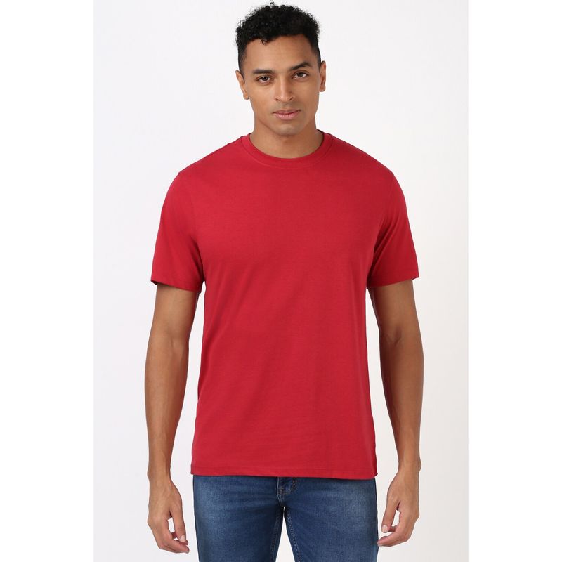 Peter England Men Red Solid Casual T-Shirt (S)