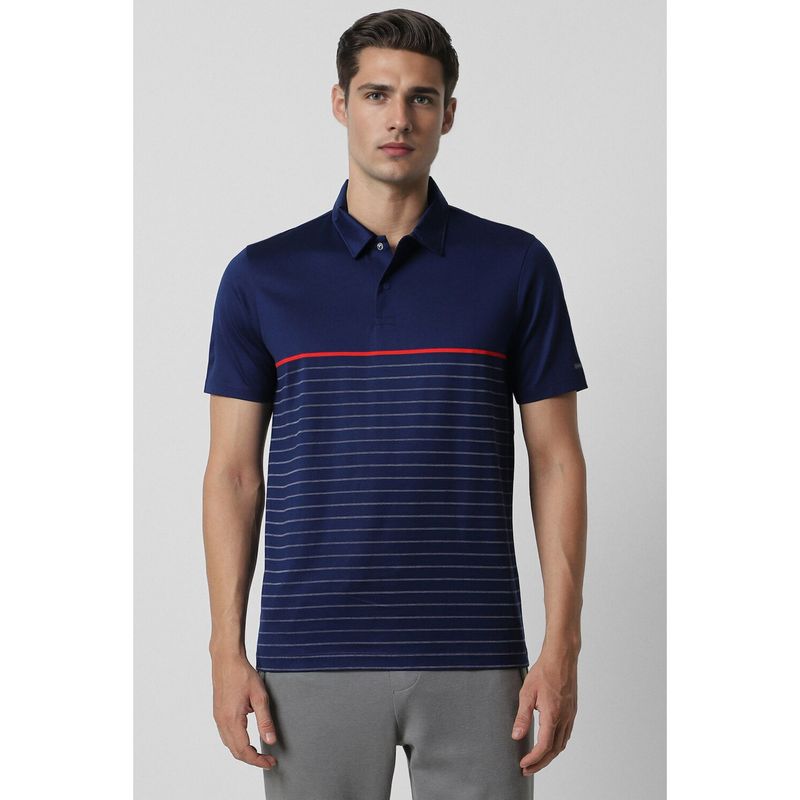 Van Heusen Men Navy Blue Stripes Casual Polo T-Shirt (M)