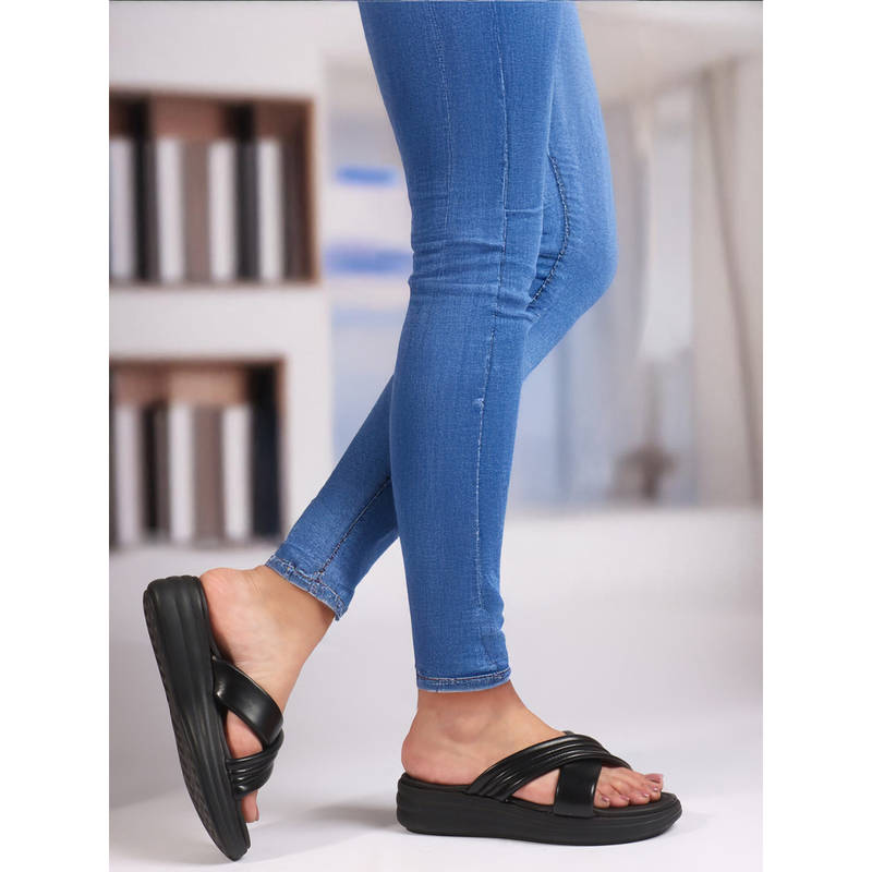 Carlton London Women Padded Crisscross Slip On Wedge Comfortable Black (EURO 37)