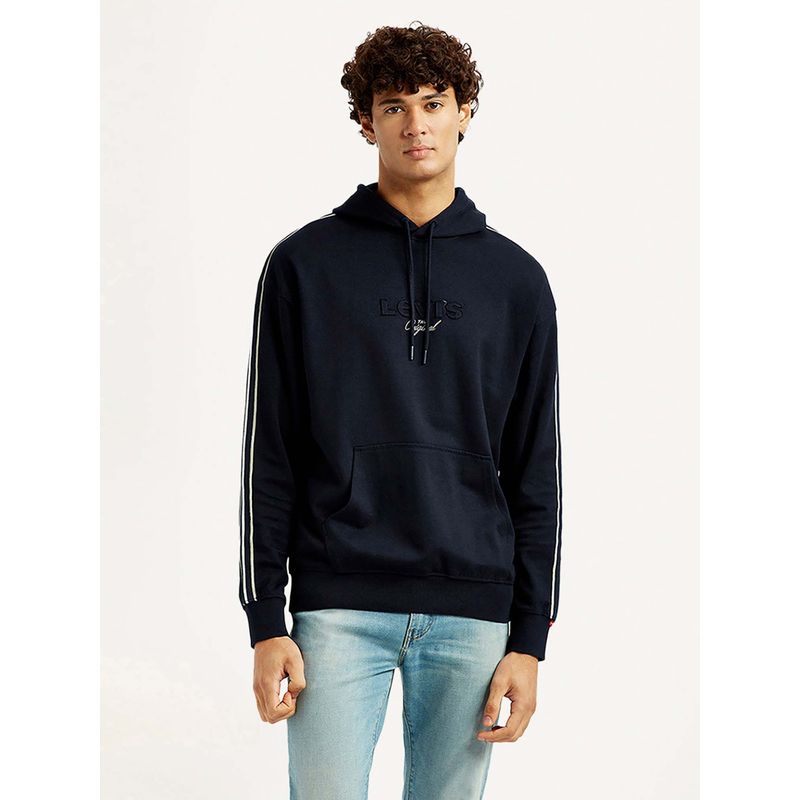 Levi's Men Navy Blue Striped Full Sleeves Hoodie (S)
