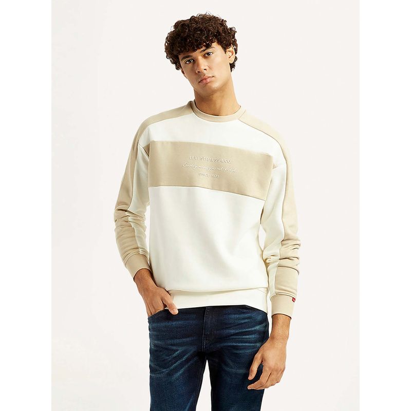Levi's Men Colorblock Cream Crew Neck Sweatshirt (L)