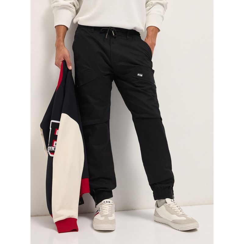 THE BEAR HOUSE Mens Black Relaxed Fit Solid Cotton Joggers (S)