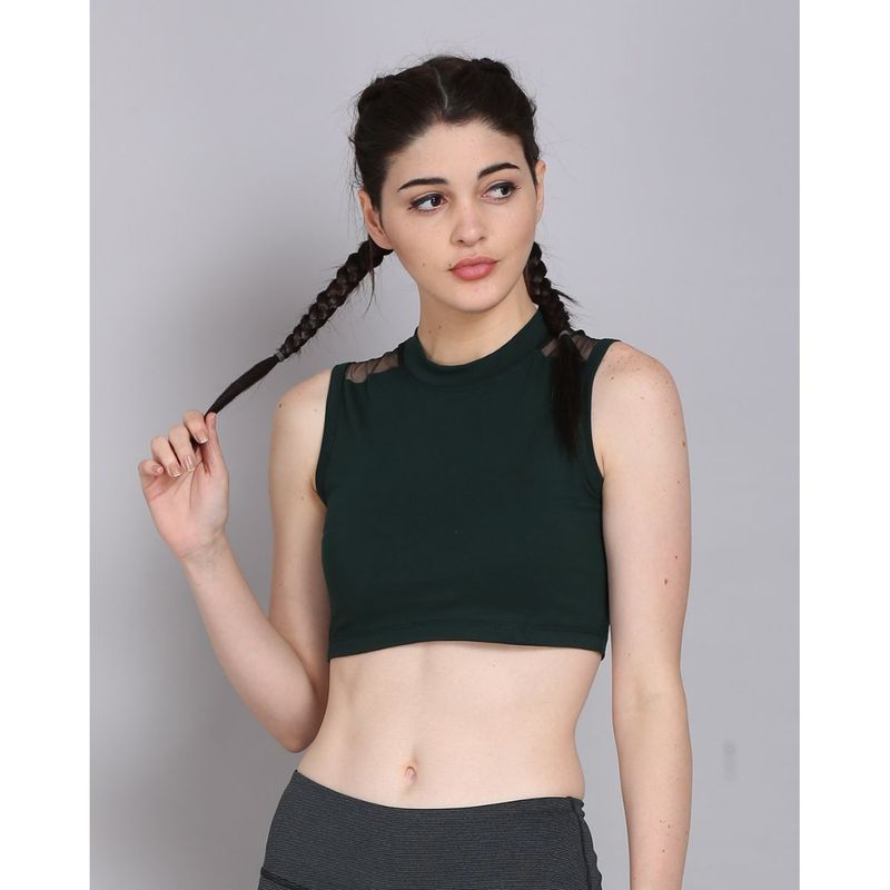 The Dance Bible Sleeveless Round Neck Mesh Design Bottle Green Crop Top (M)
