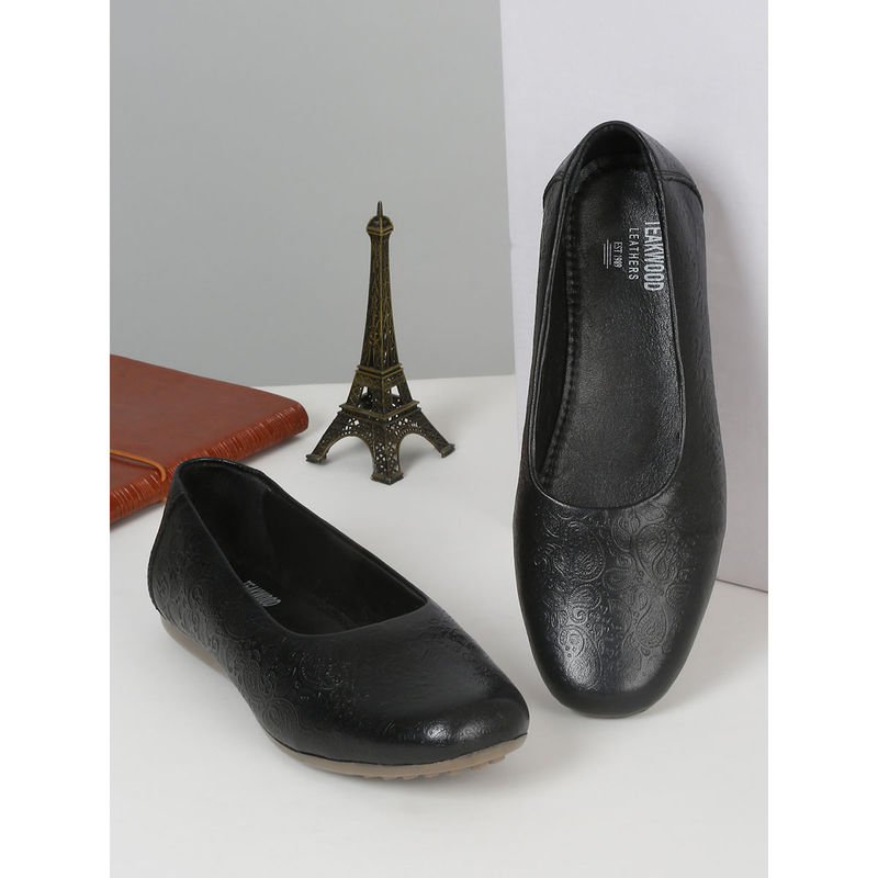 Teakwood Womens Black Embossed Pattern Leather Ballerinas (EURO 36)
