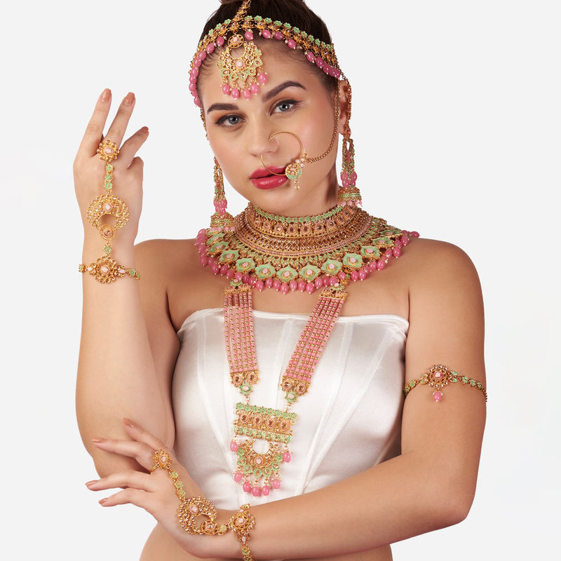 Buy Zaveri Pearls Green Meenakari and Pink Beads Bridal Jewellery (Set