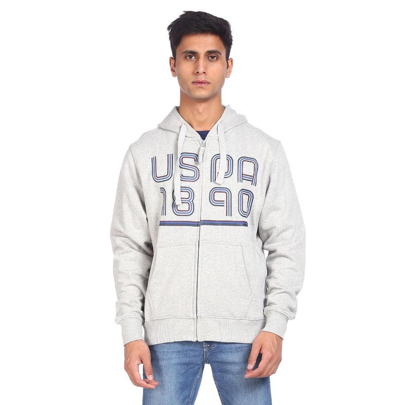 U.S. POLO ASSN. Men Grey Hooded Brand Printed Sweatshirt (L)