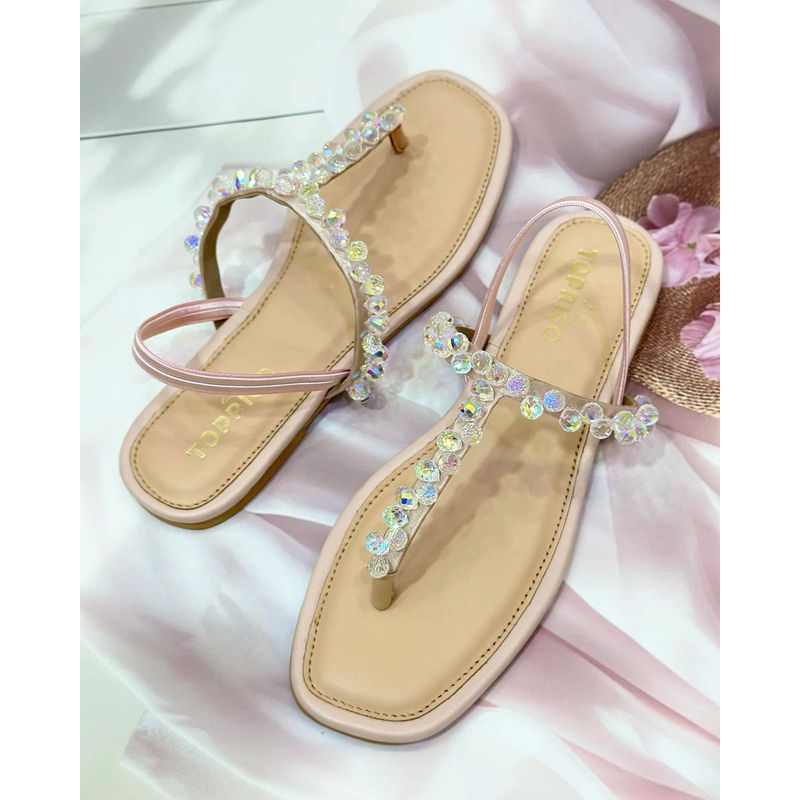 Toprico T Strap Crystal Beads Embroidered Peach Flats (EURO 38)