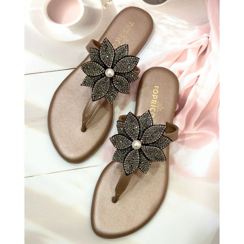 Toprico T Strap Beads Embroidered Rose Gold Flats (EURO 39)