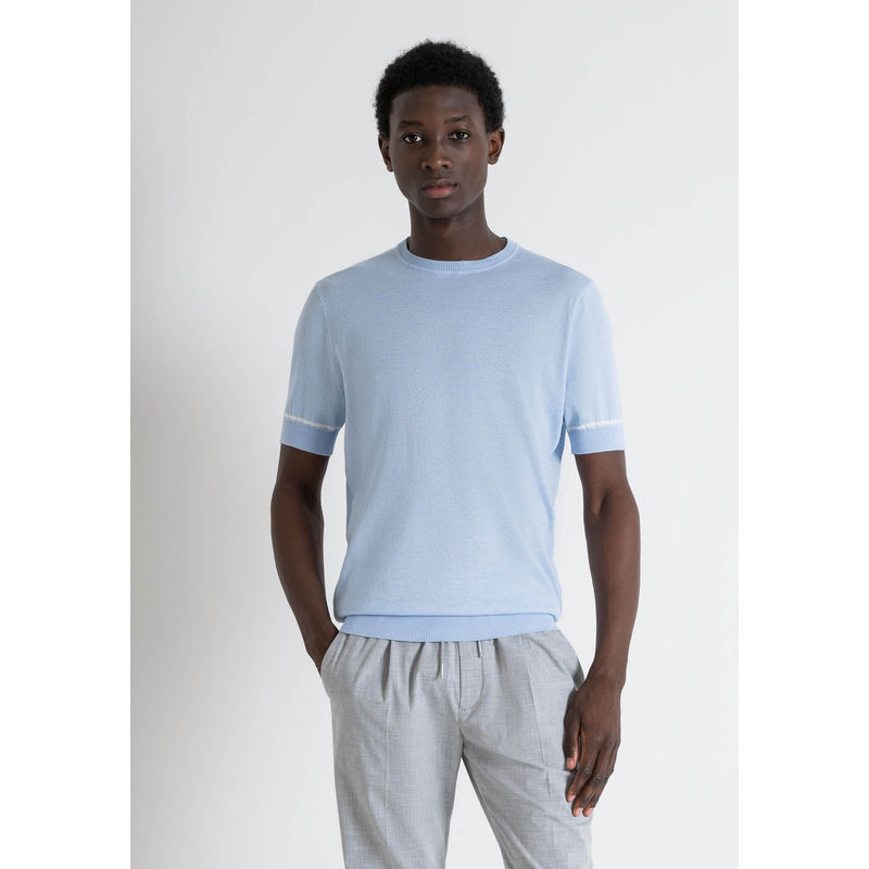 Antony Morato Men Blue Solid Round Neck Short Sleeves T-Shirt (XL)