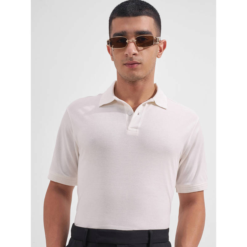 HIGHLANDER White Solid Cotton Blend Regular Fit Polo T-Shirt (L)