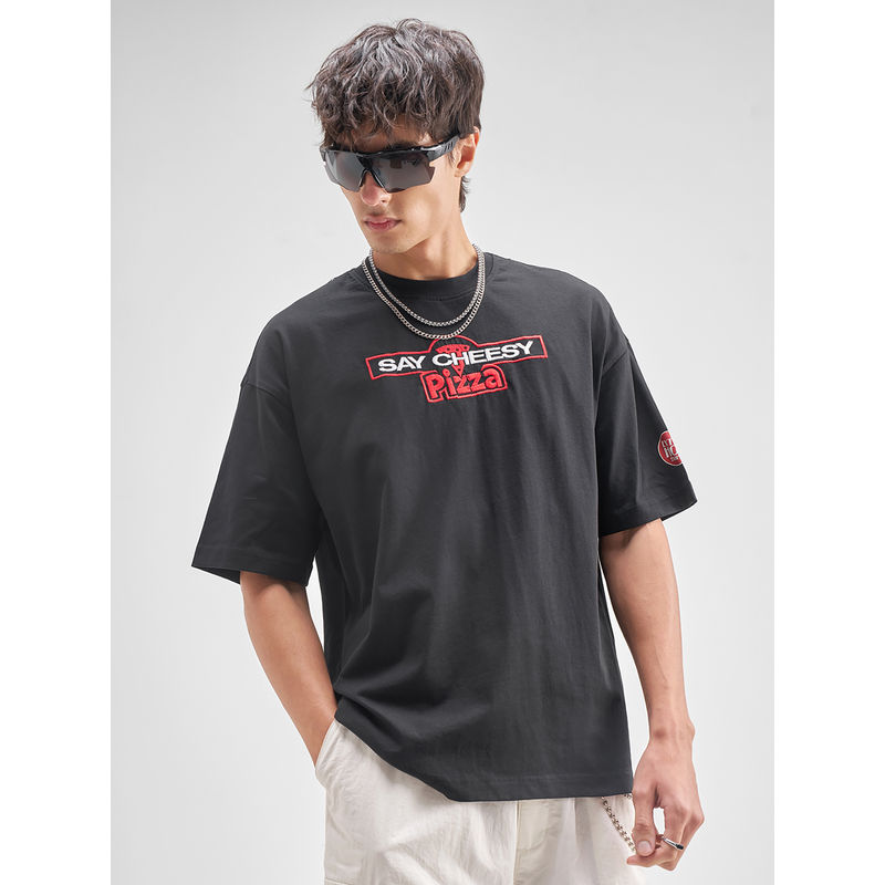 HIGHLANDER Black Graphic Cotton Oversized Fit T-Shirt (L)